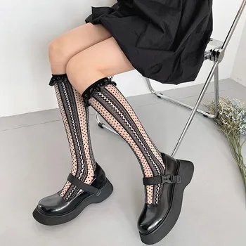 Дамски чорапи Японски чисто Нов Черно-Бял копринен завързана стъклена вълна точков оттичане Лолита Тънък, дишащ Сладък Женски чорап от телешка кожа