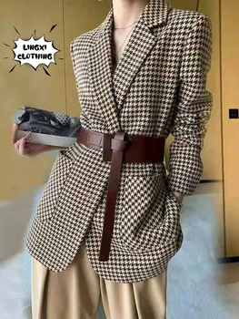 2023 в Есенно-Зимната Нова Дамско яке със Средна дължина, Професионален Женски Кариран костюм С ревера на талията, Британска модни Дамски яке